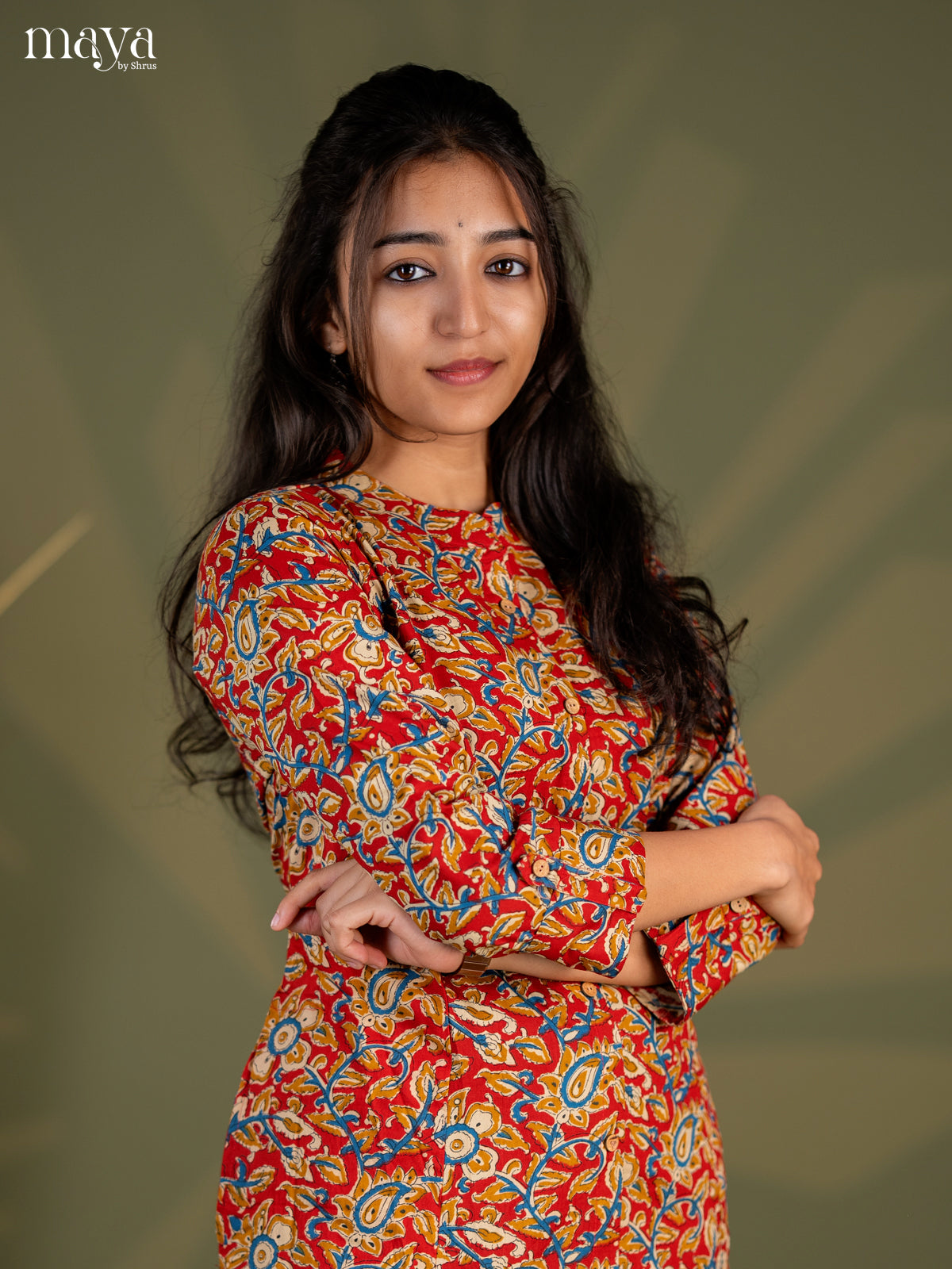 Red Kalamkari Printed Cotton A- Line Kurti