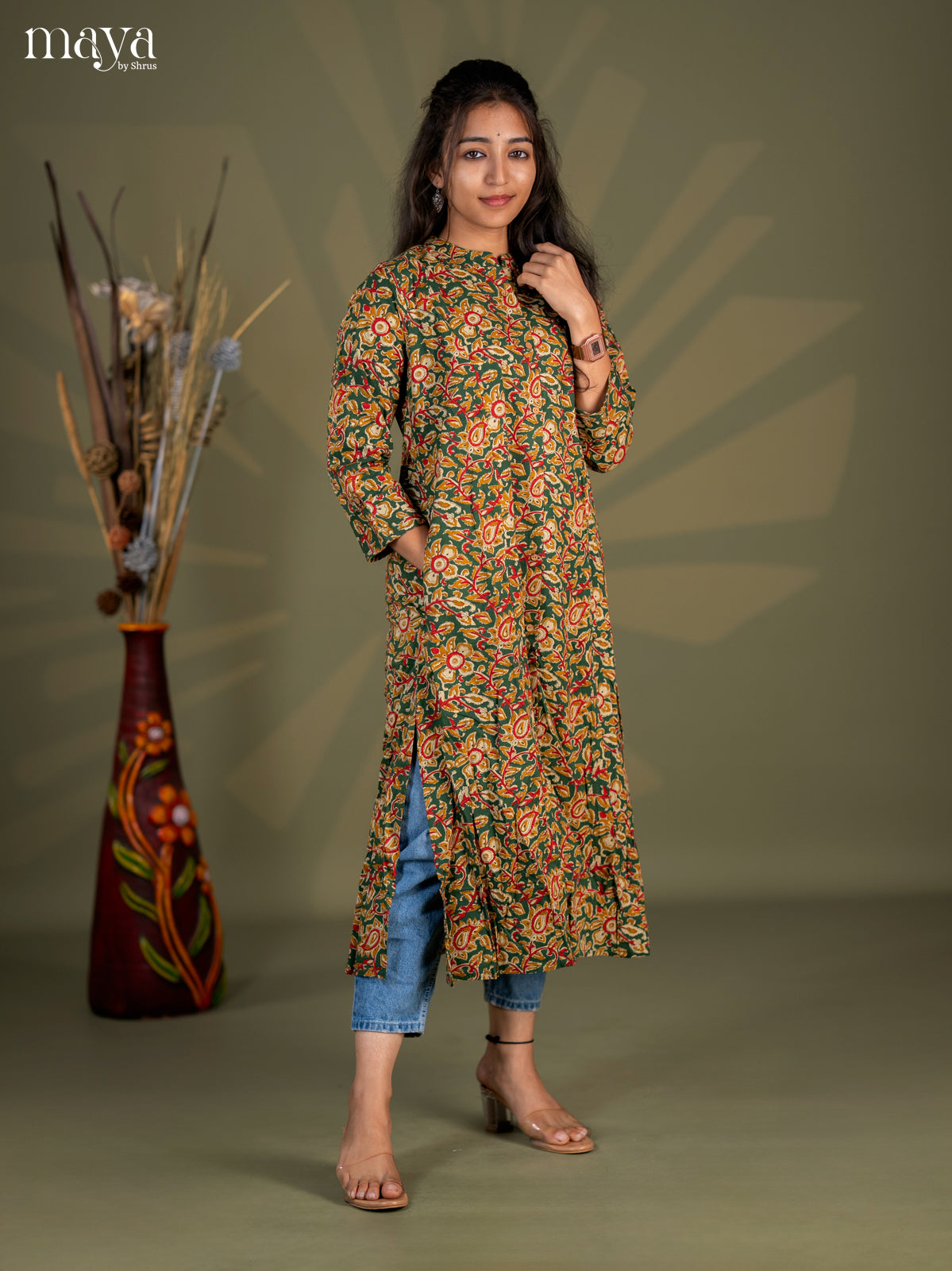 Bottle Green Kalamkari Printed Cotton A- Line Kurti