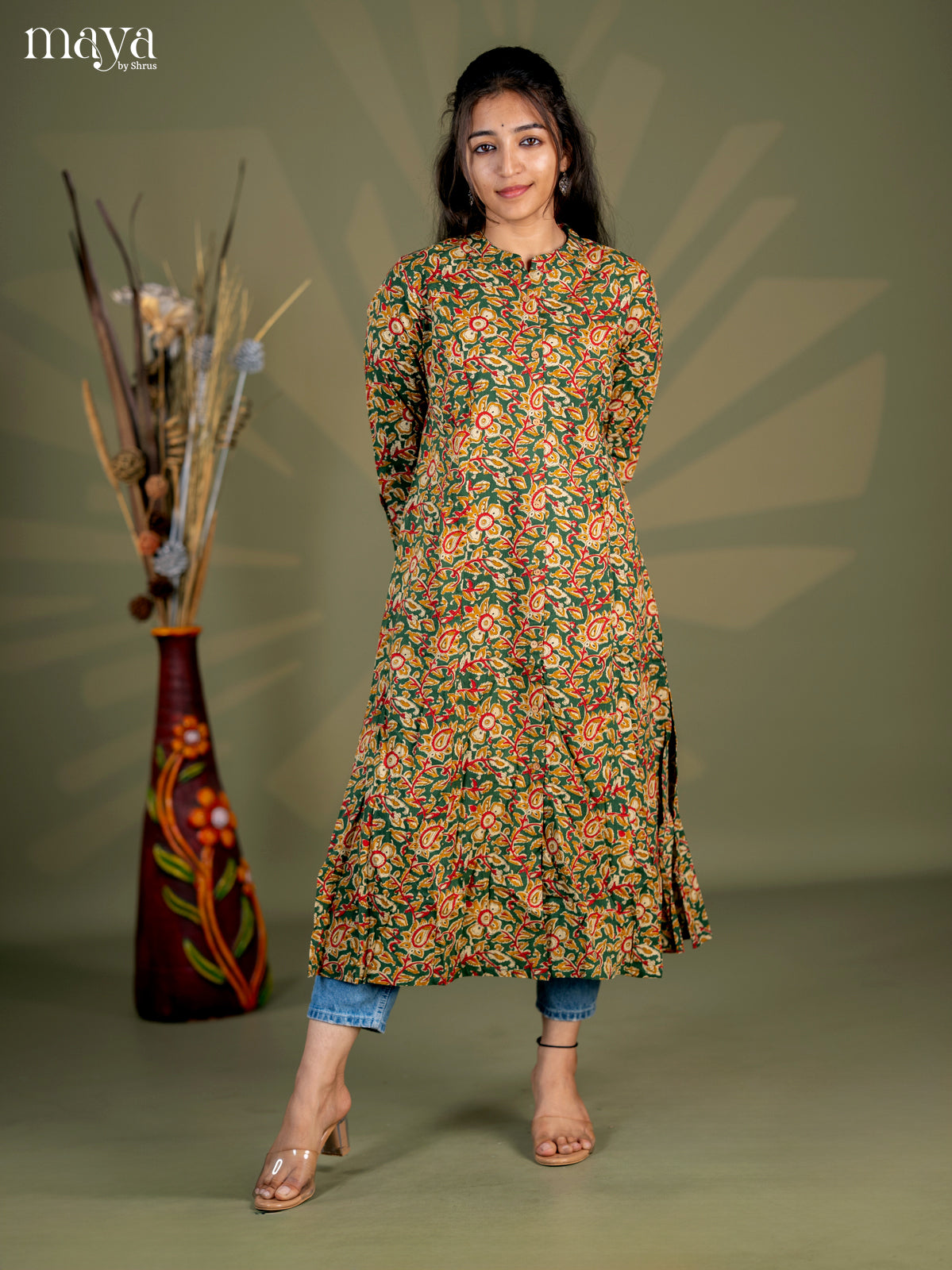 Bottle Green Kalamkari Printed Cotton A- Line Kurti