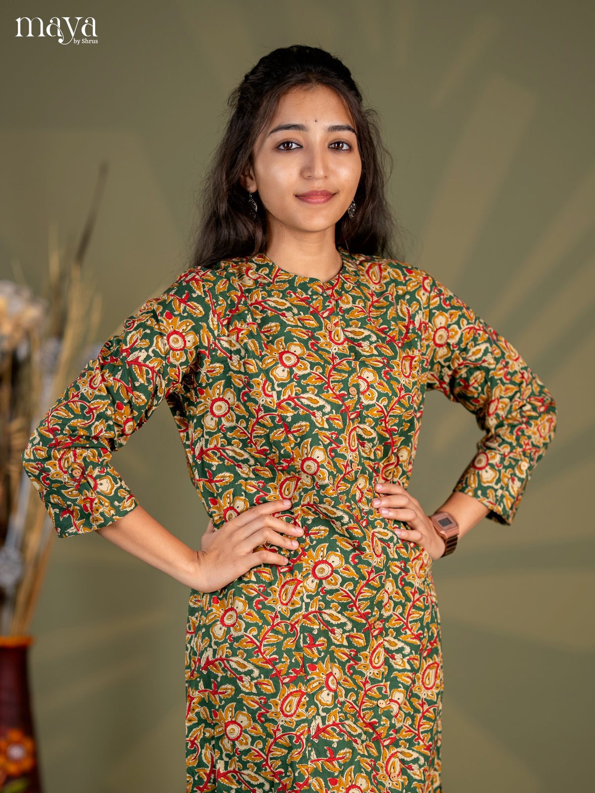 Bottle Green Kalamkari Printed Cotton A- Line Kurti