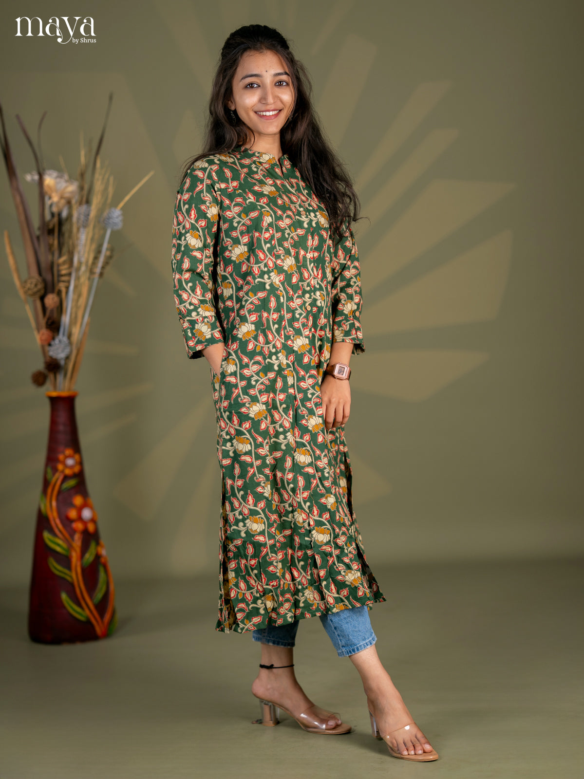 Bottle Green Kalamkari Printed Cotton A- Line Kurti