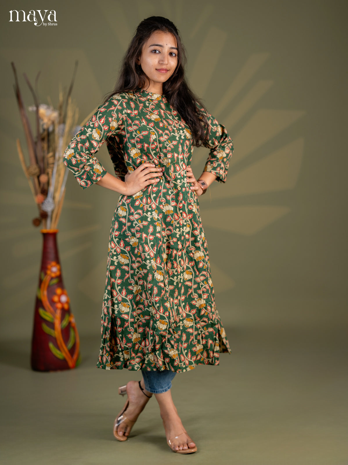 Bottle Green Kalamkari Printed Cotton A- Line Kurti