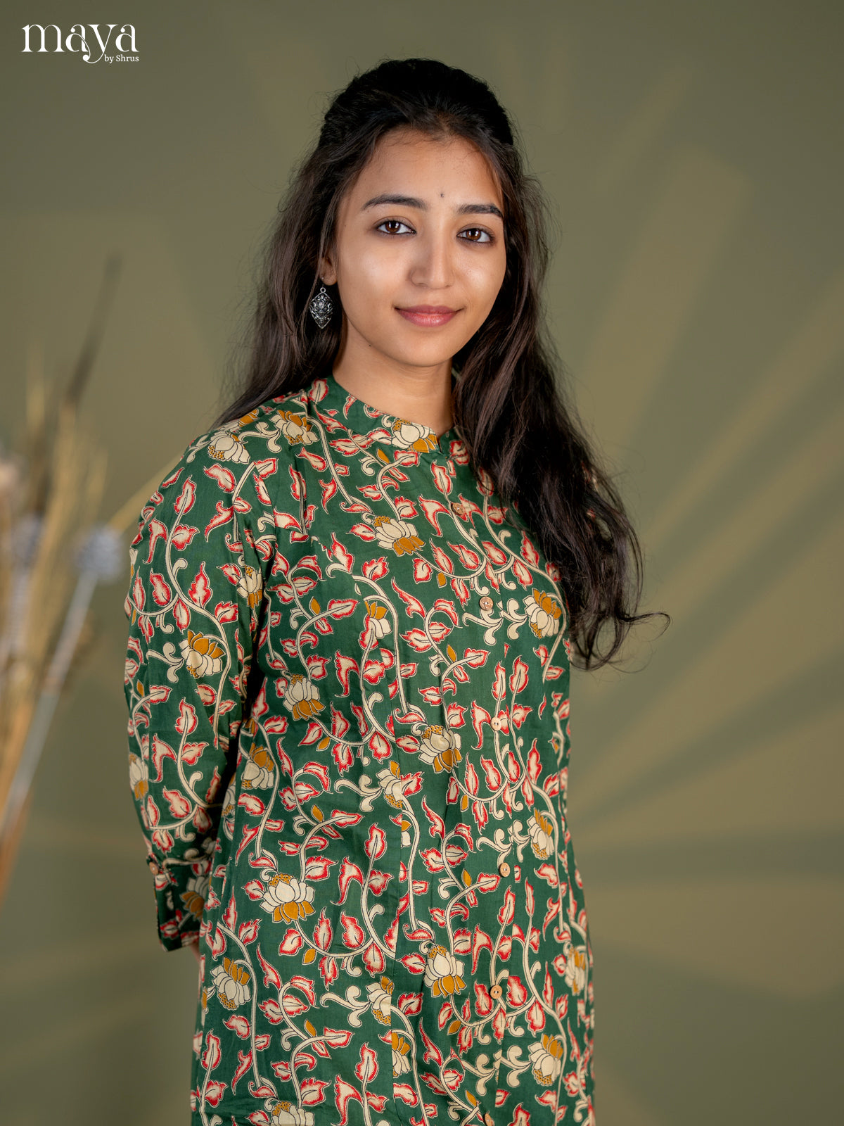 Bottle Green Kalamkari Printed Cotton A- Line Kurti