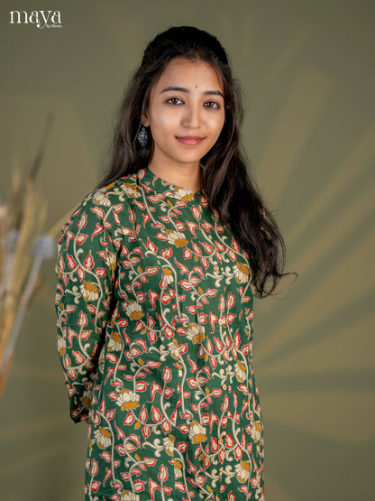 Bottle Green Kalamkari Printed Cotton A- Line Kurti