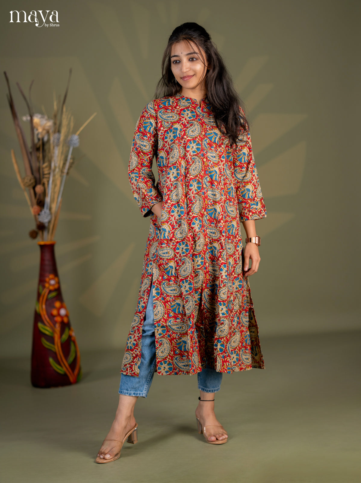 Red Kalamkari Printed Cotton A- Line Kurti