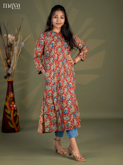 Red Kalamkari Printed Cotton A- Line Kurti