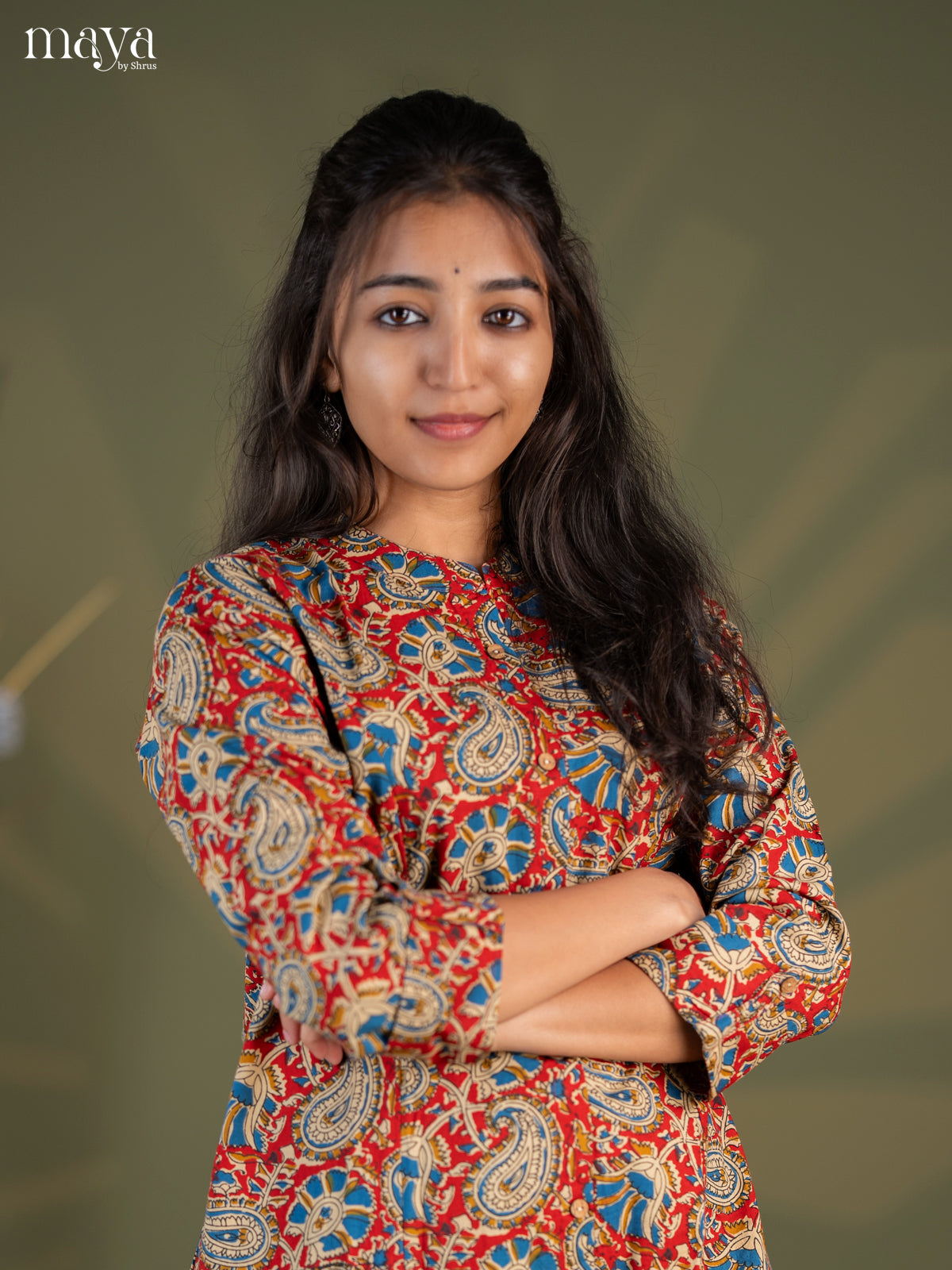 Red Kalamkari Printed Cotton A- Line Kurti
