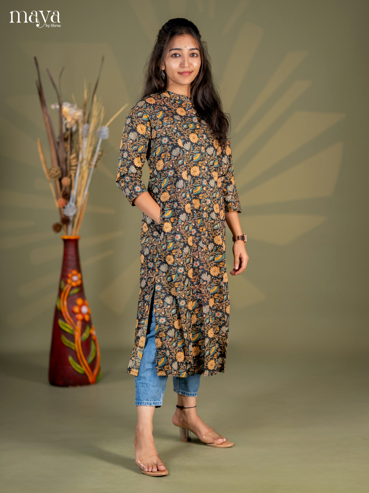 Black Kalamkari Cotton A - Line Kurti