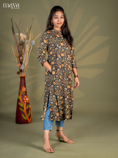 Black Kalamkari Cotton A - Line Kurti
