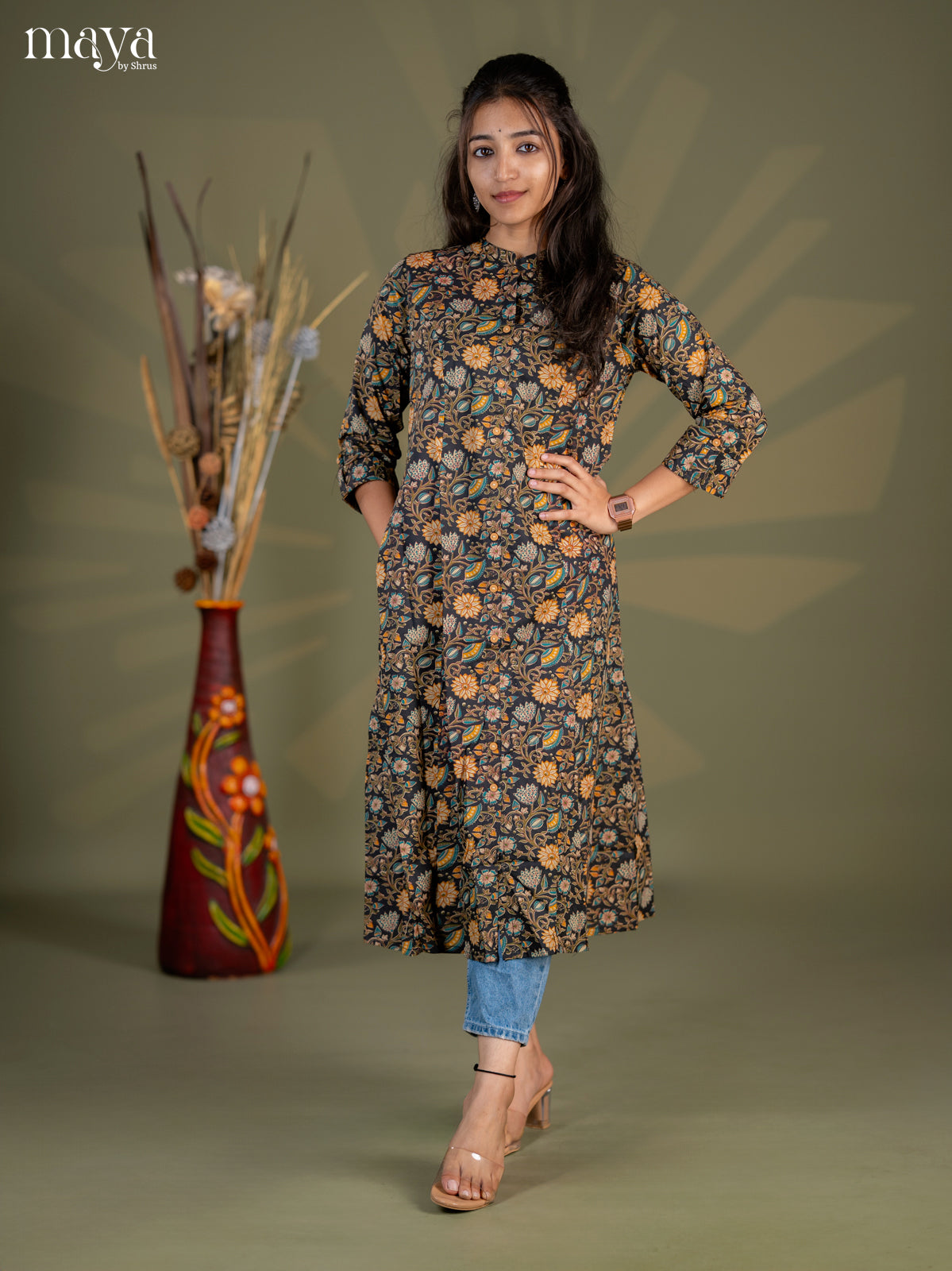 Black Kalamkari Cotton A - Line Kurti