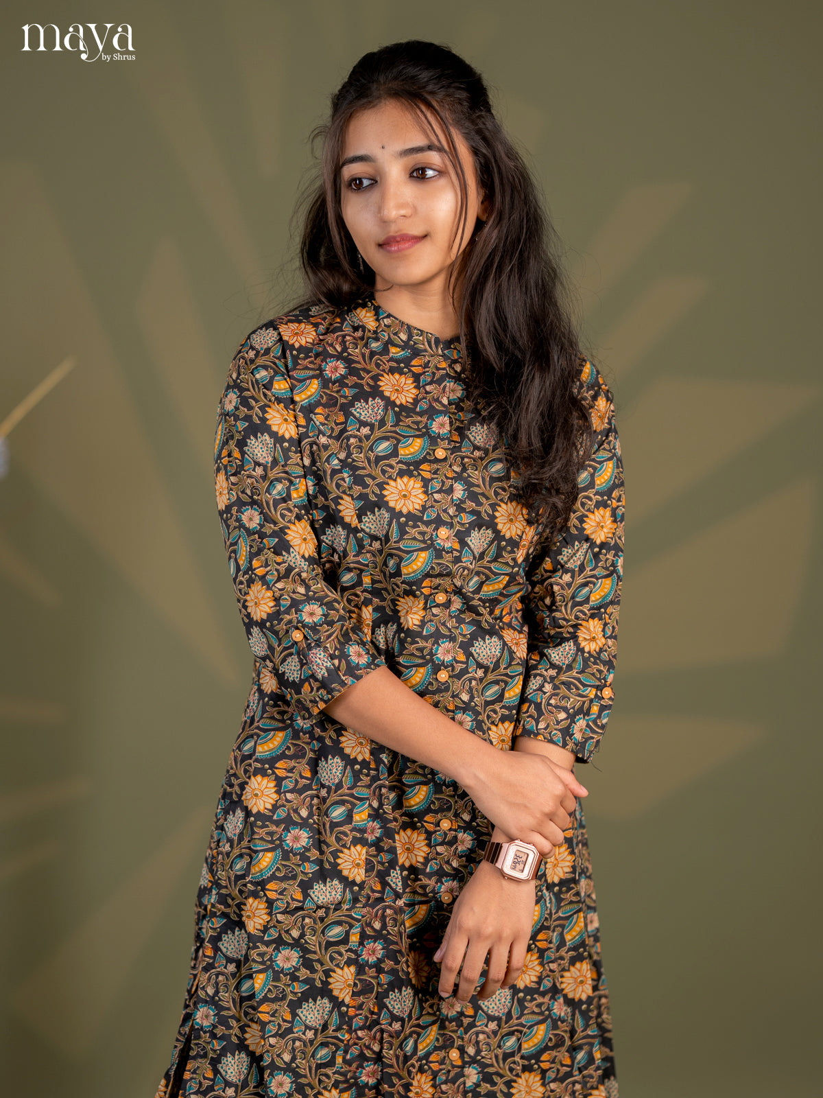 Black Kalamkari Cotton A - Line Kurti