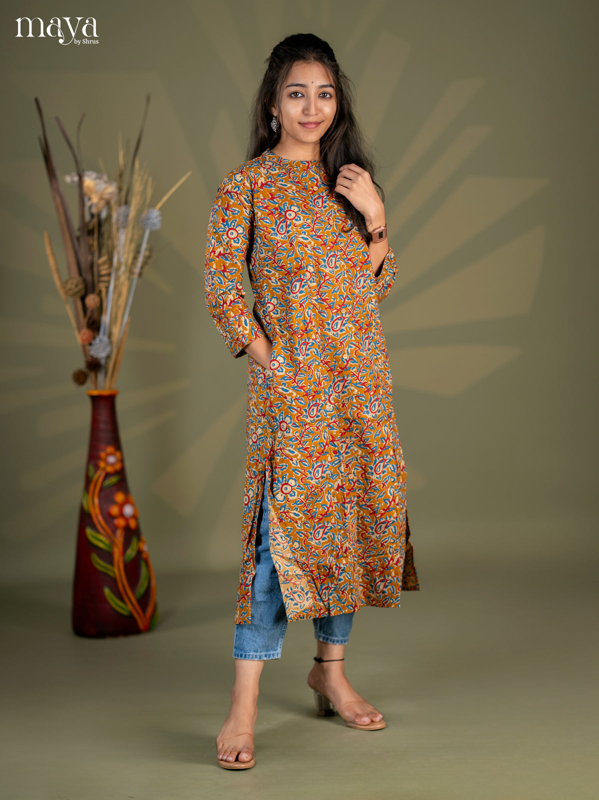 Mustard Kalamkari Cotton A -Line Kurti