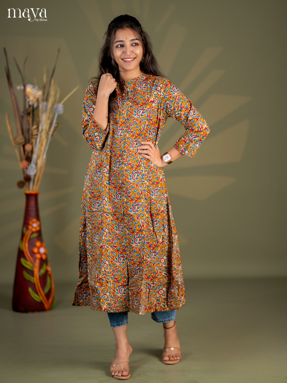Mustard Kalamkari Cotton A -Line Kurti