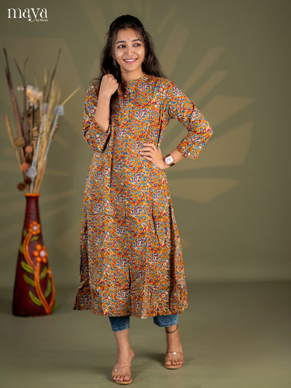 Mustard Kalamkari Cotton A -Line Kurti