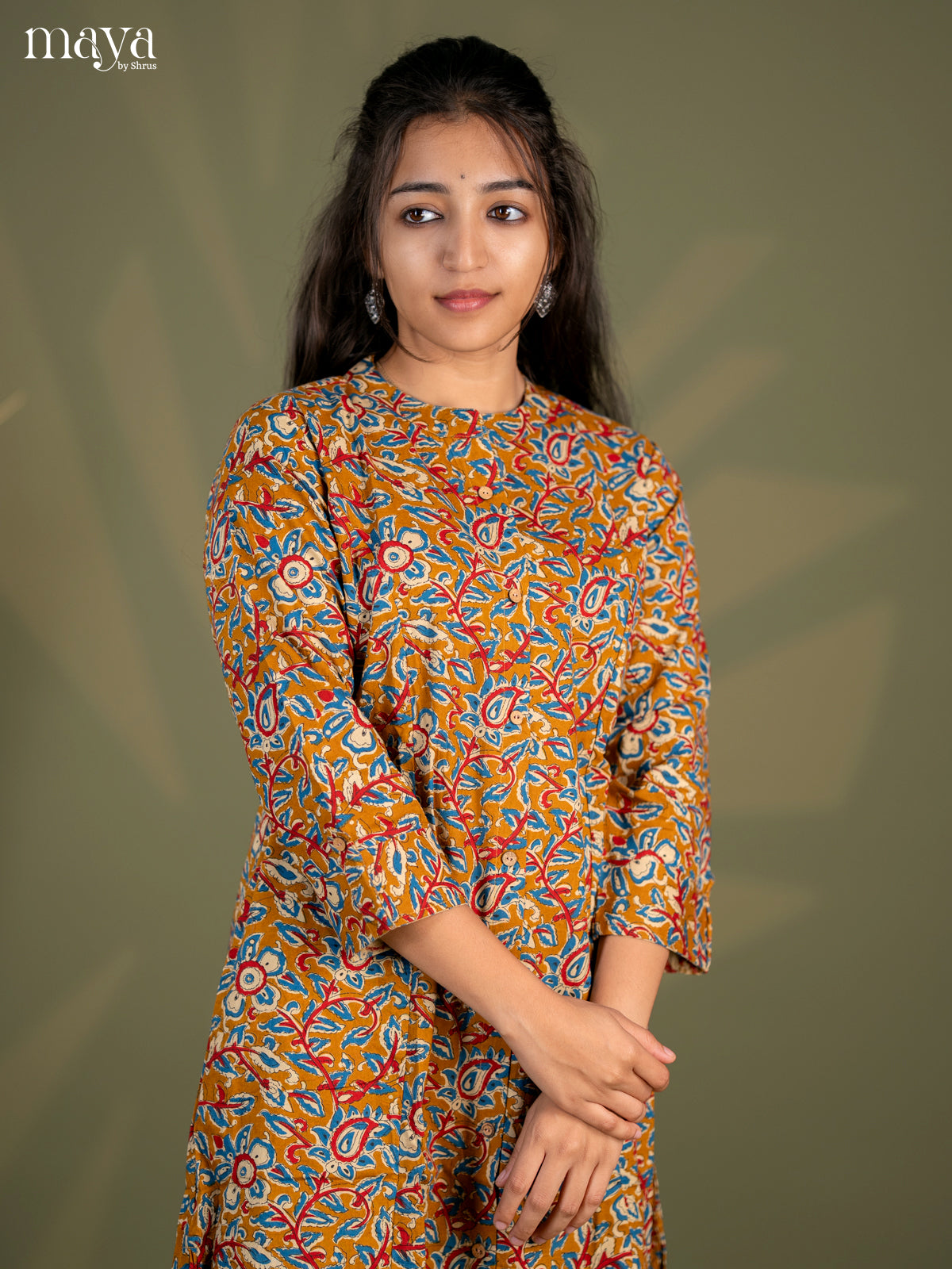 Mustard Kalamkari Cotton A -Line Kurti