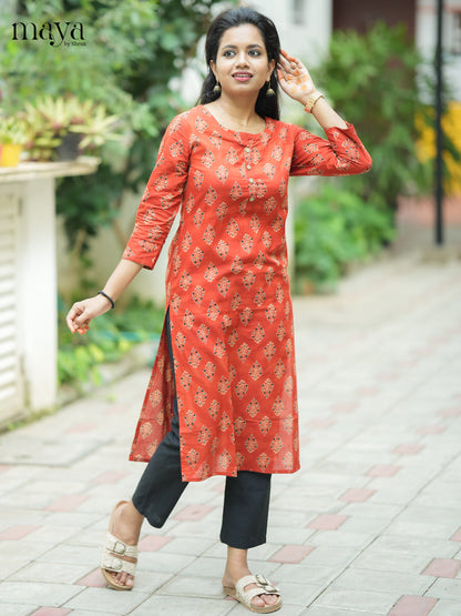 Brown Ajrakh printed Cotton Kurti