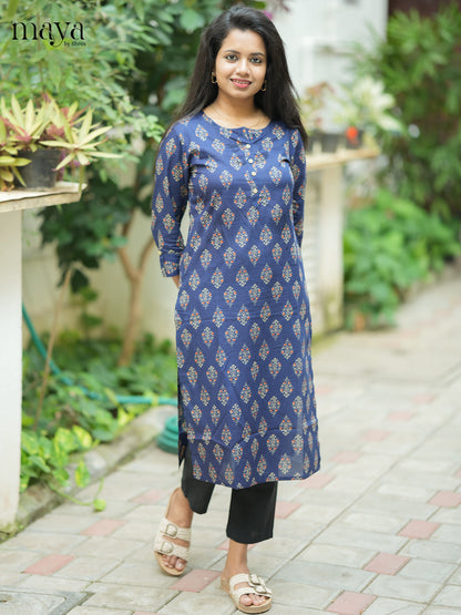 Navy Blue Ajrakh printed Cotton Kurti