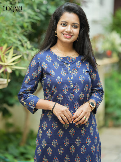 Navy Blue Ajrakh printed Cotton Kurti