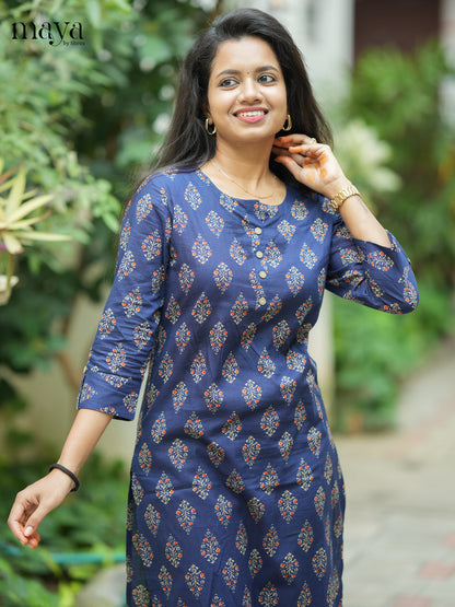Navy Blue Ajrakh printed Cotton Kurti