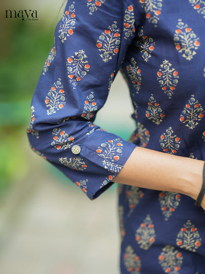 Navy Blue Ajrakh printed Cotton Kurti