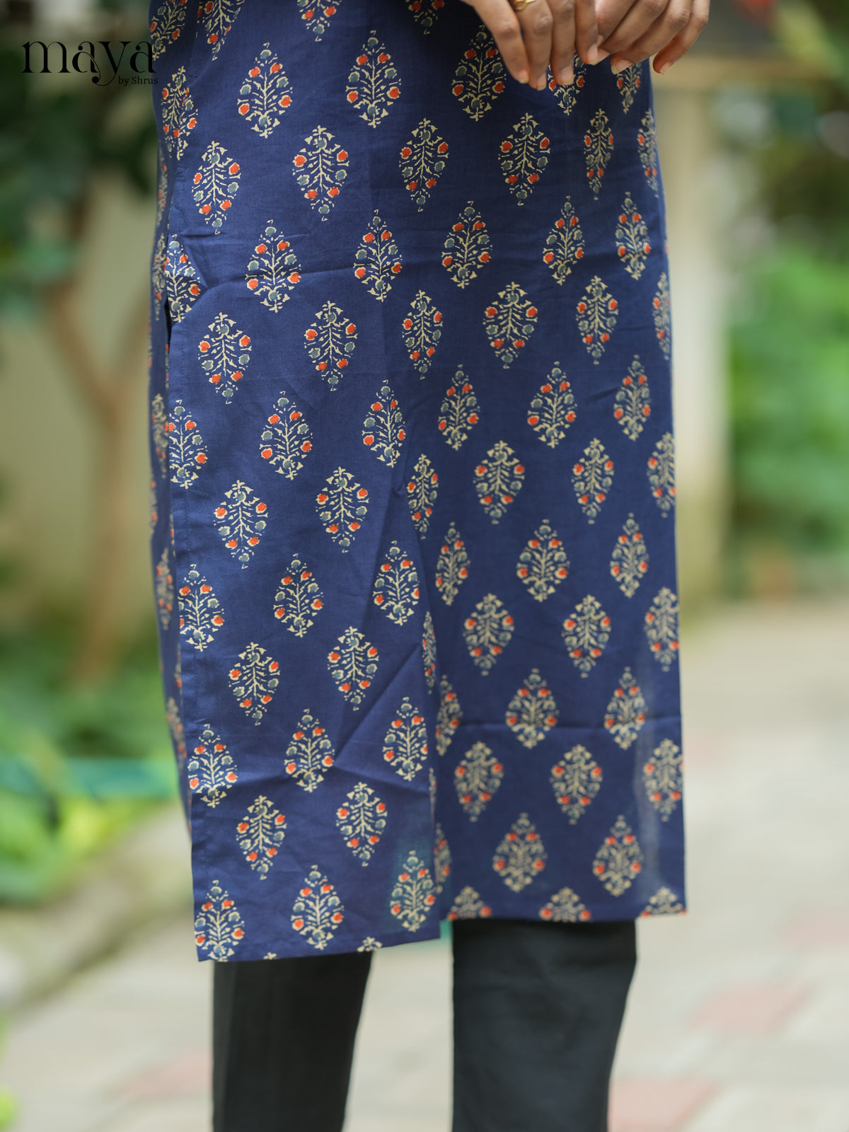 Navy Blue Ajrakh printed Cotton Kurti