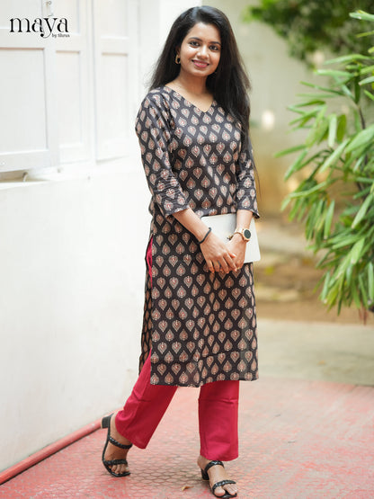 Dark Brown Ajrakh Printed Cotton Straight Kurti