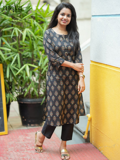 Black Ajrakh printed Cotton Kurti