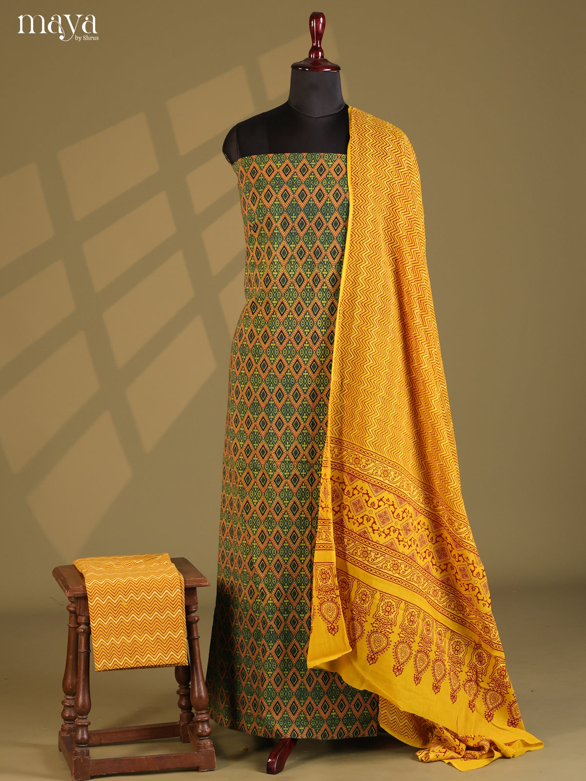 Green with Mustard- Ajrakh Salwar Unstitch