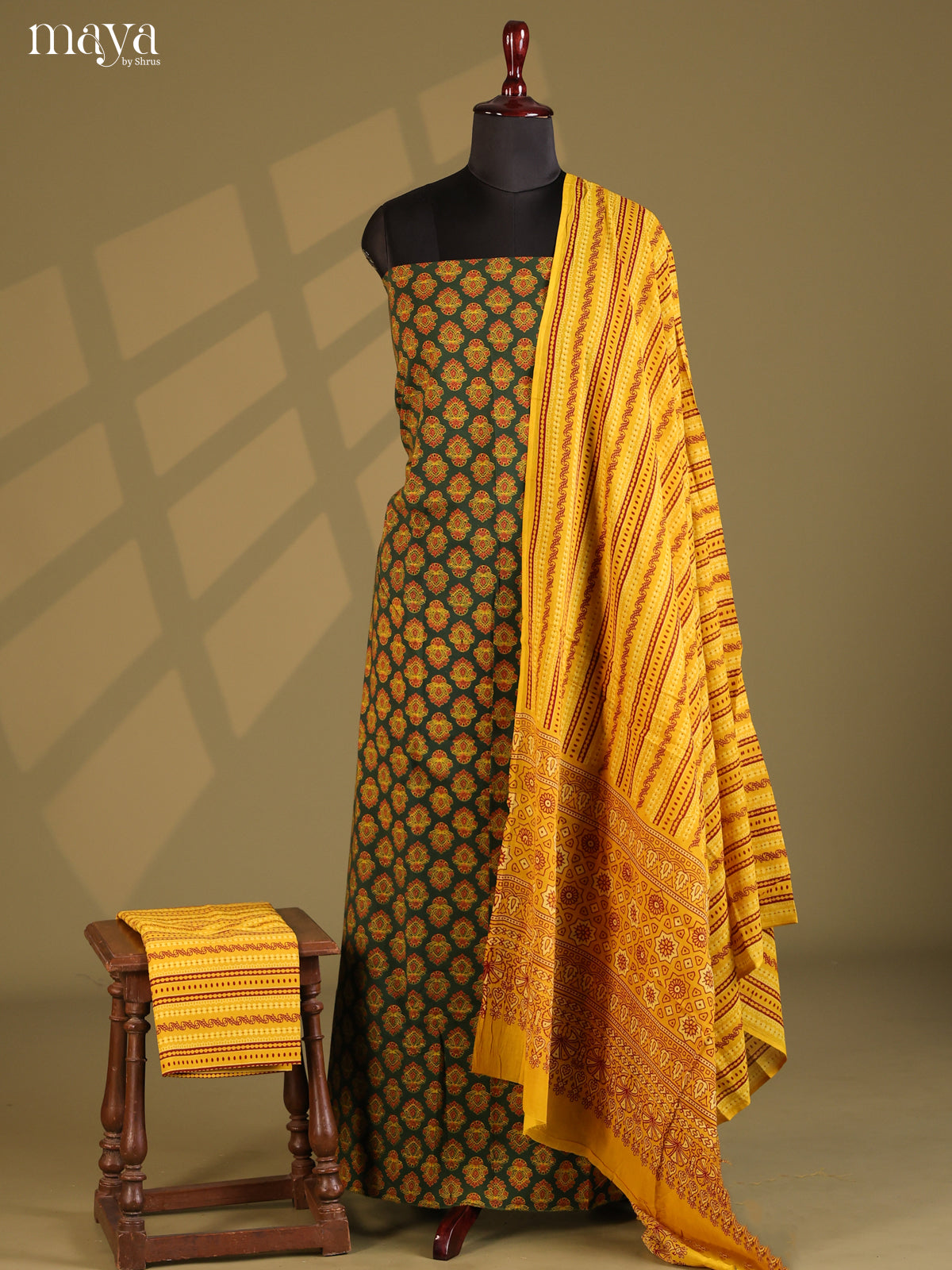 Green with Yellow - Ajrakh Salwar Unstitch