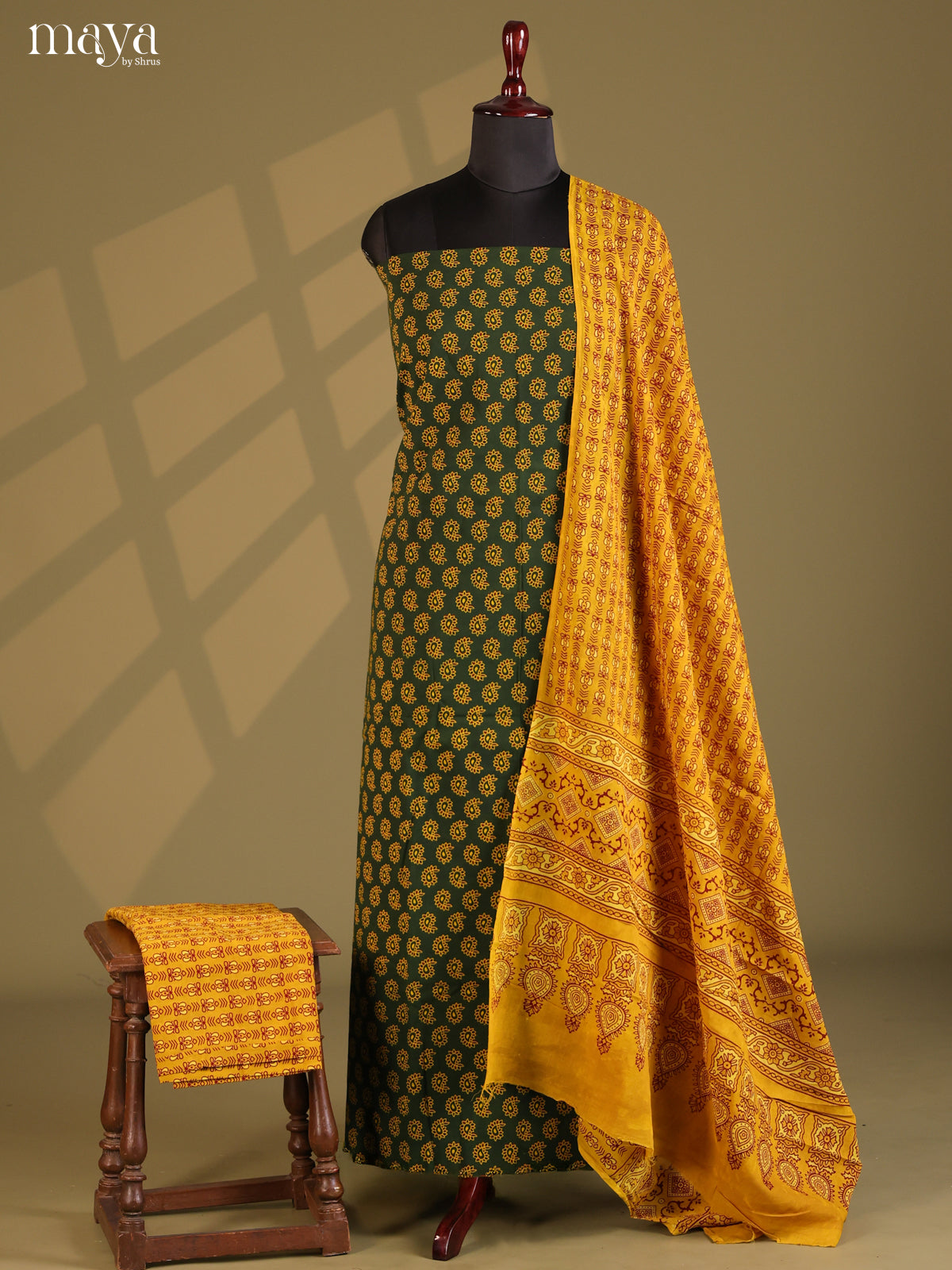 Green with Mustard - Ajrakh Salwar Unstitch