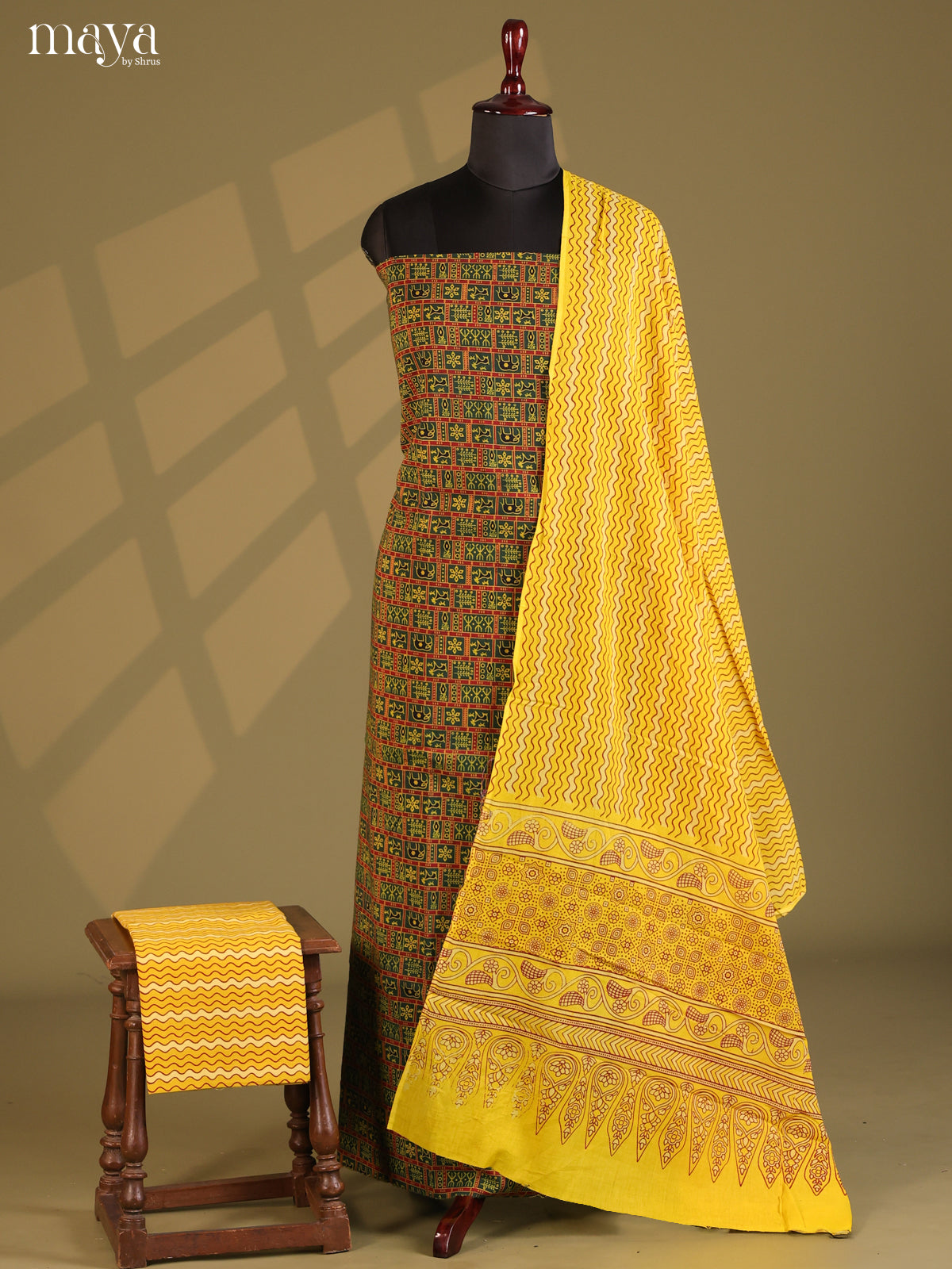 Green with Yellow - Ajrakh Salwar Unstitch