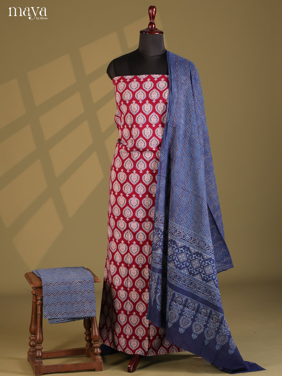 Red with blue - Ajrakh Salwar Unstitch