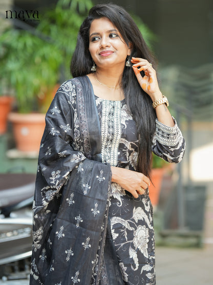 Black Cotton 3PC Salwar Suit with Floral Print - Top, Bottom & Dupatta