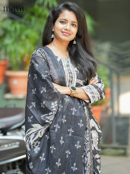 Black Cotton 3PC Salwar Suit with Floral Print - Top, Bottom & Dupatta