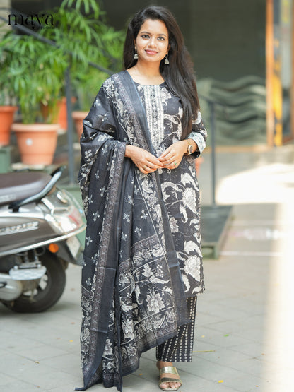 Black Cotton 3PC Salwar Suit with Floral Print - Top, Bottom & Dupatta