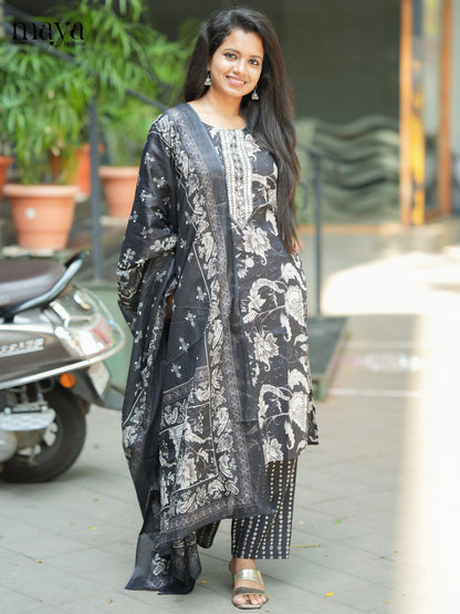Black Cotton 3PC Salwar Suit with Floral Print - Top, Bottom & Dupatta