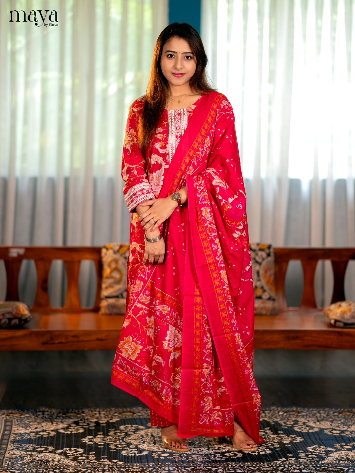 Pink Cotton 3PC Salwar Suit with Floral Print - Top, Bottom & Dupatta