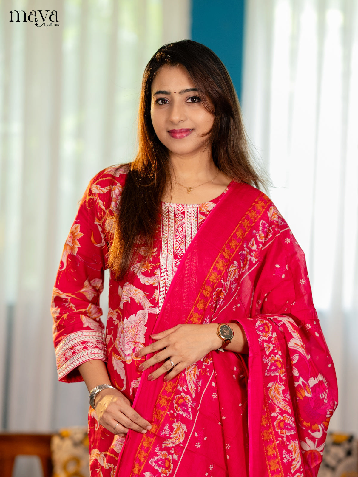 Pink Cotton 3PC Salwar Suit with Floral Print - Top, Bottom & Dupatta