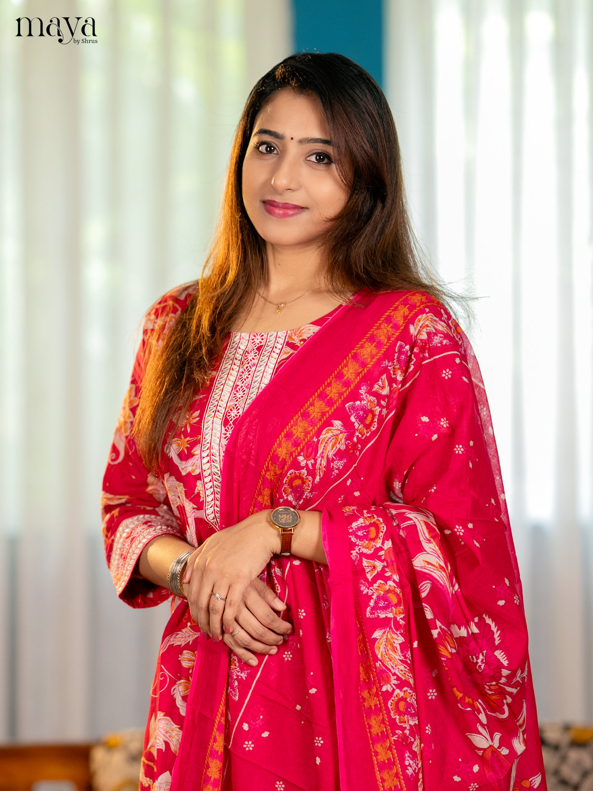 Pink Cotton 3PC Salwar Suit with Floral Print - Top, Bottom & Dupatta