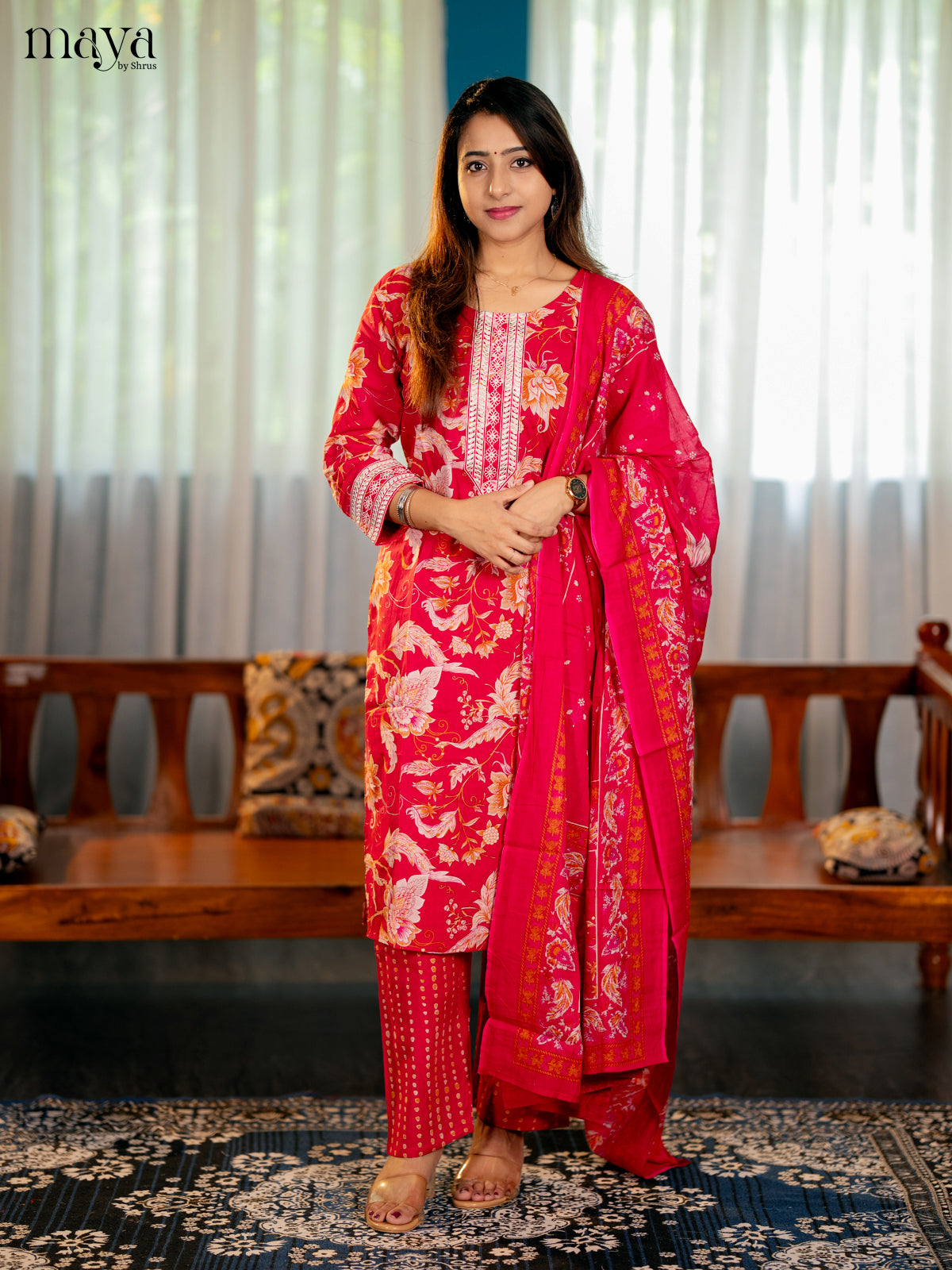 Pink Cotton 3PC Salwar Suit with Floral Print - Top, Bottom & Dupatta