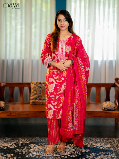 Pink Cotton 3PC Salwar Suit with Floral Print - Top, Bottom & Dupatta