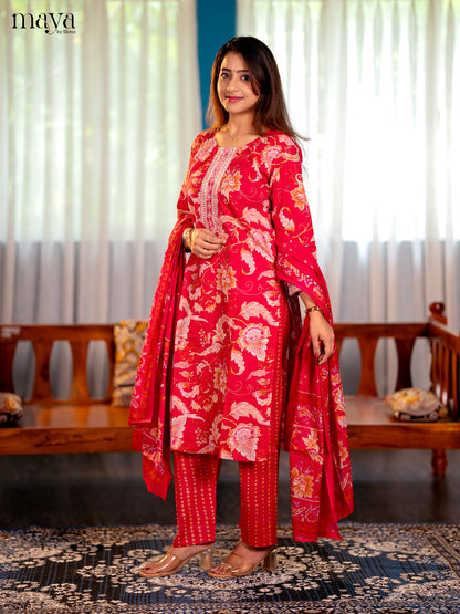 Pink Cotton 3PC Salwar Suit with Floral Print - Top, Bottom & Dupatta