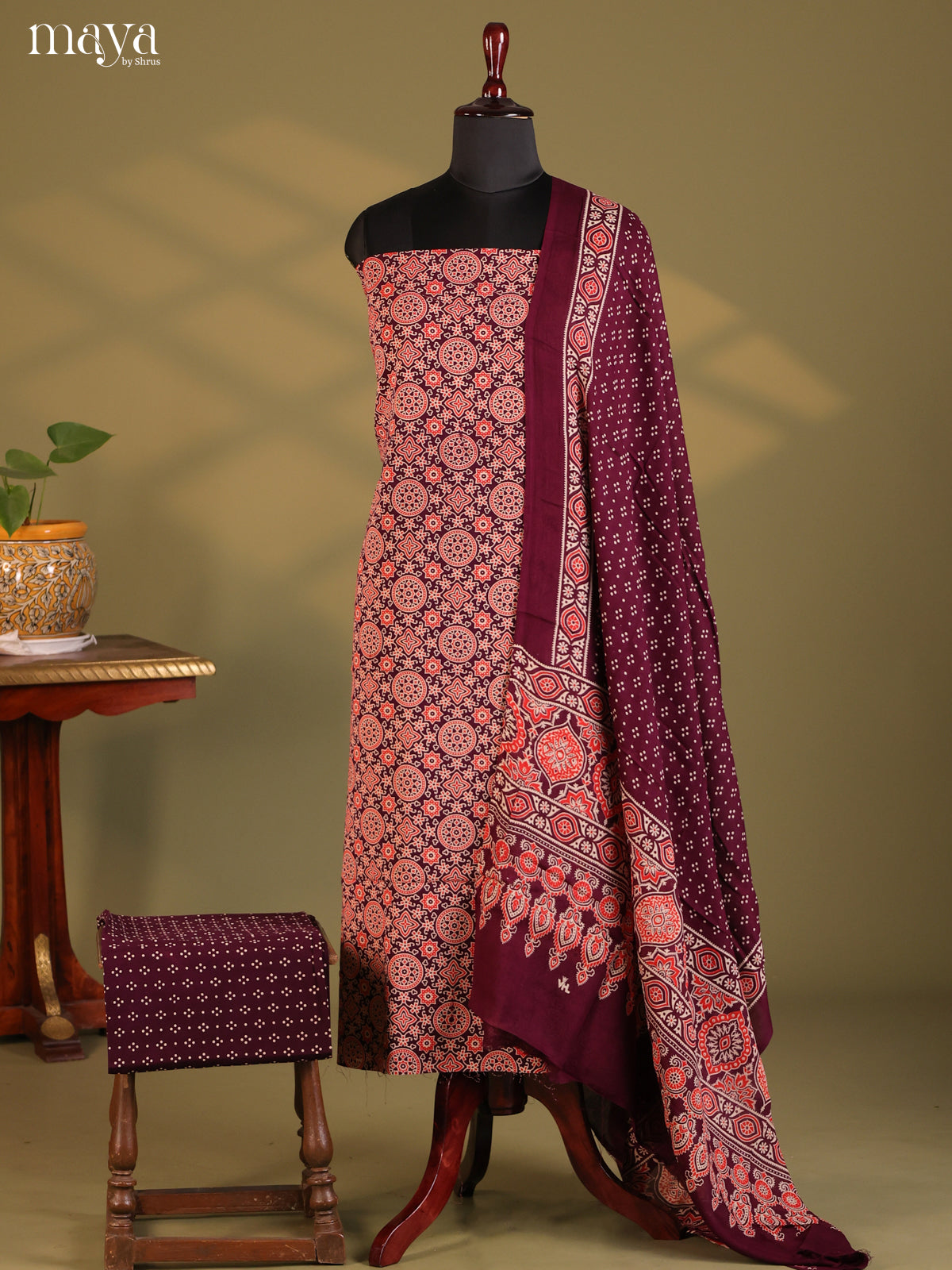 Maroon - Ajrakh Salwar Unstitch