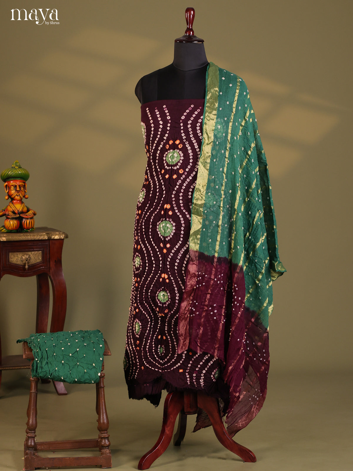 Brown & Green - Bandhini salwar Unstitch