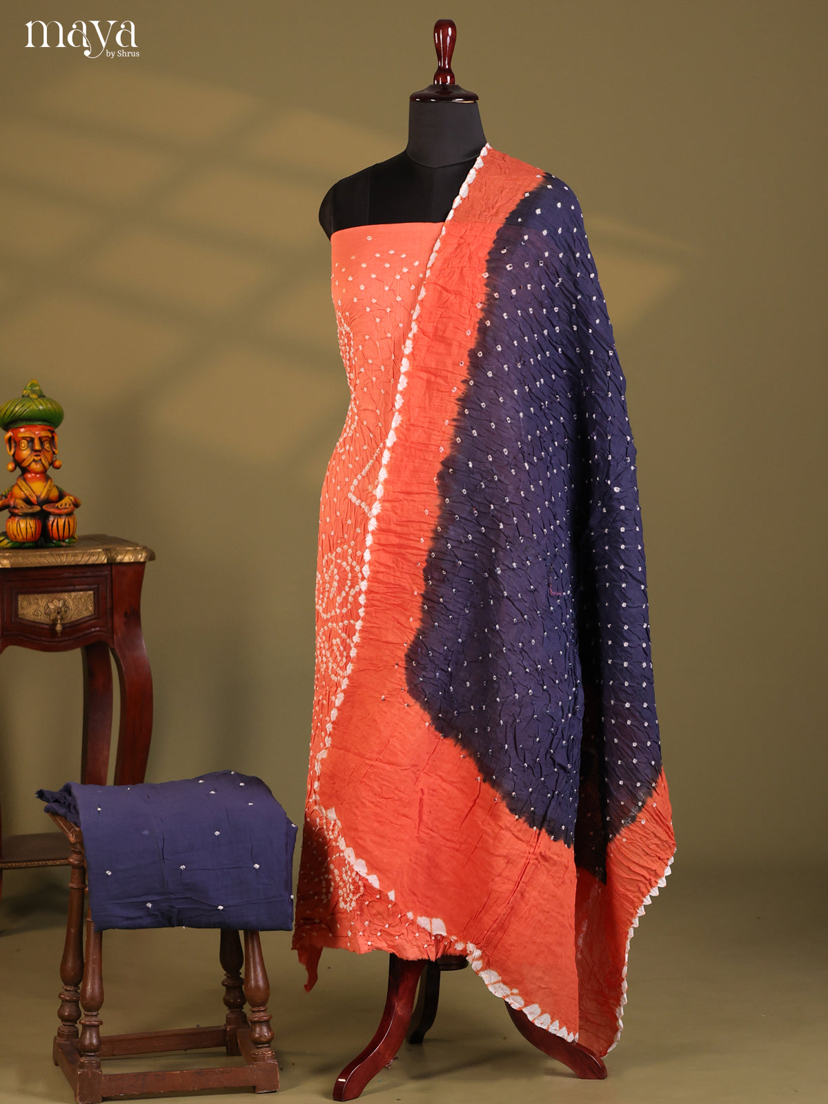 Peach & Blue - Bandhini salwar Unstitch
