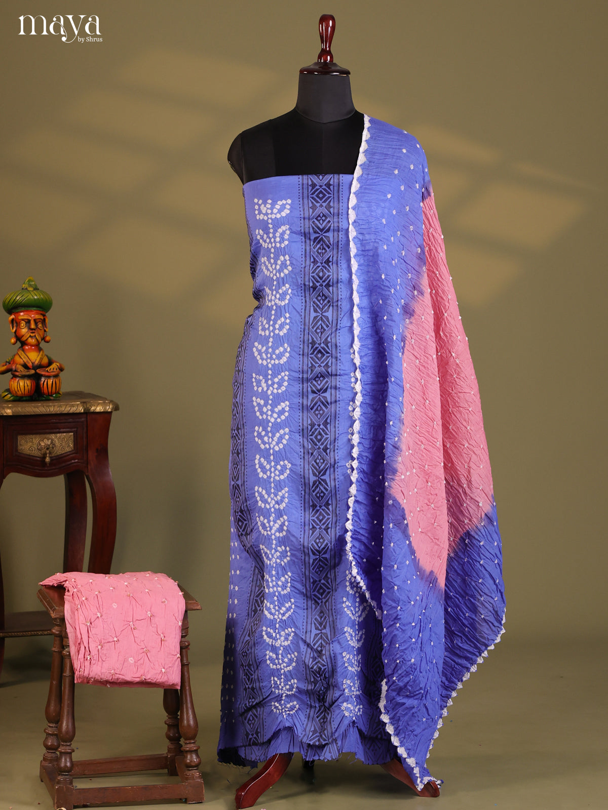 Blue with Pink- Bandhini salwar Unstitch