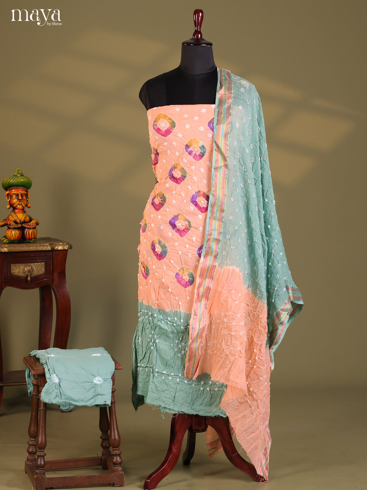 Peach & Blue - Bandhini salwar Unstitch
