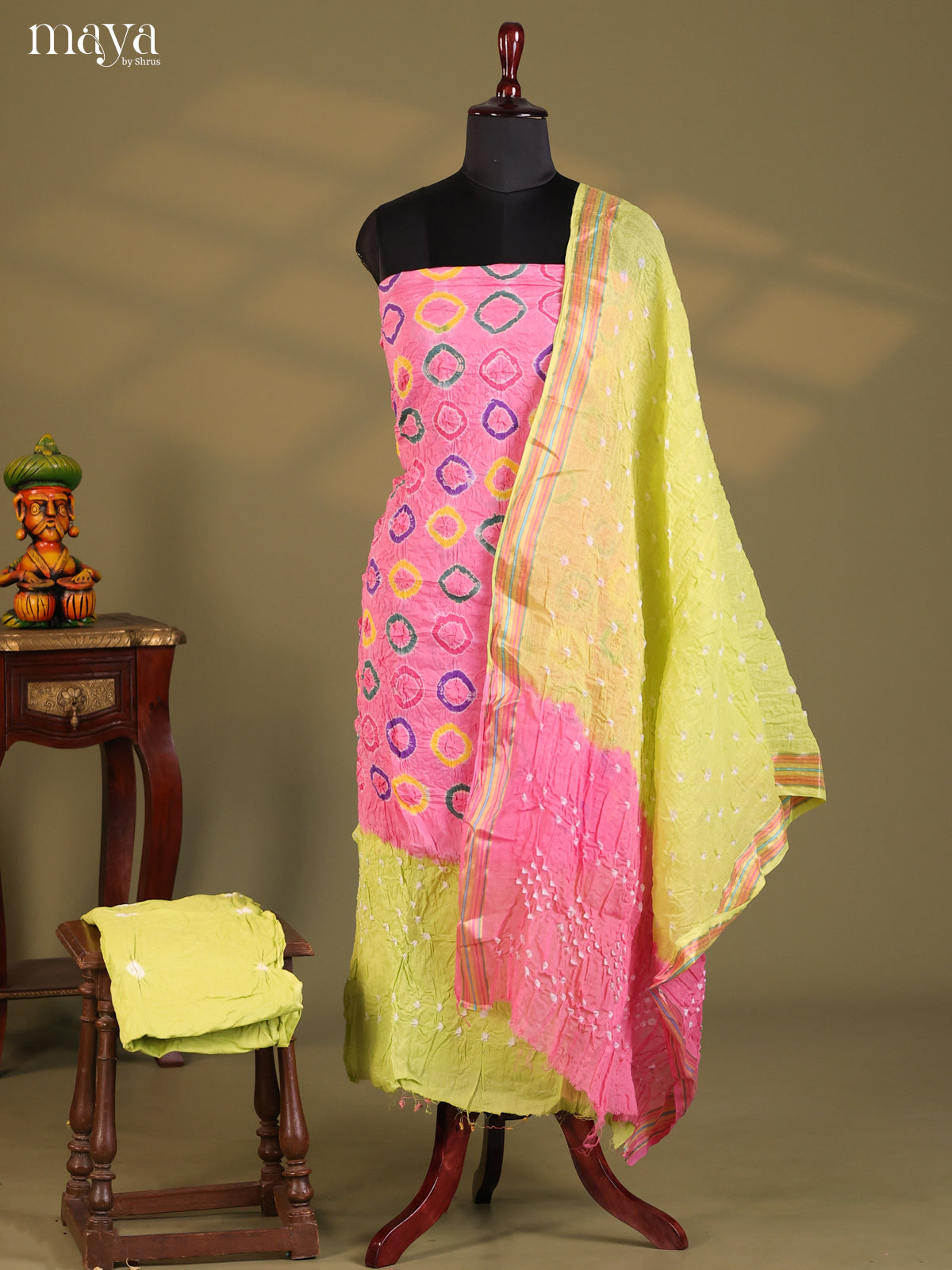 Pink & Green - Bandhini salwar Unstitch