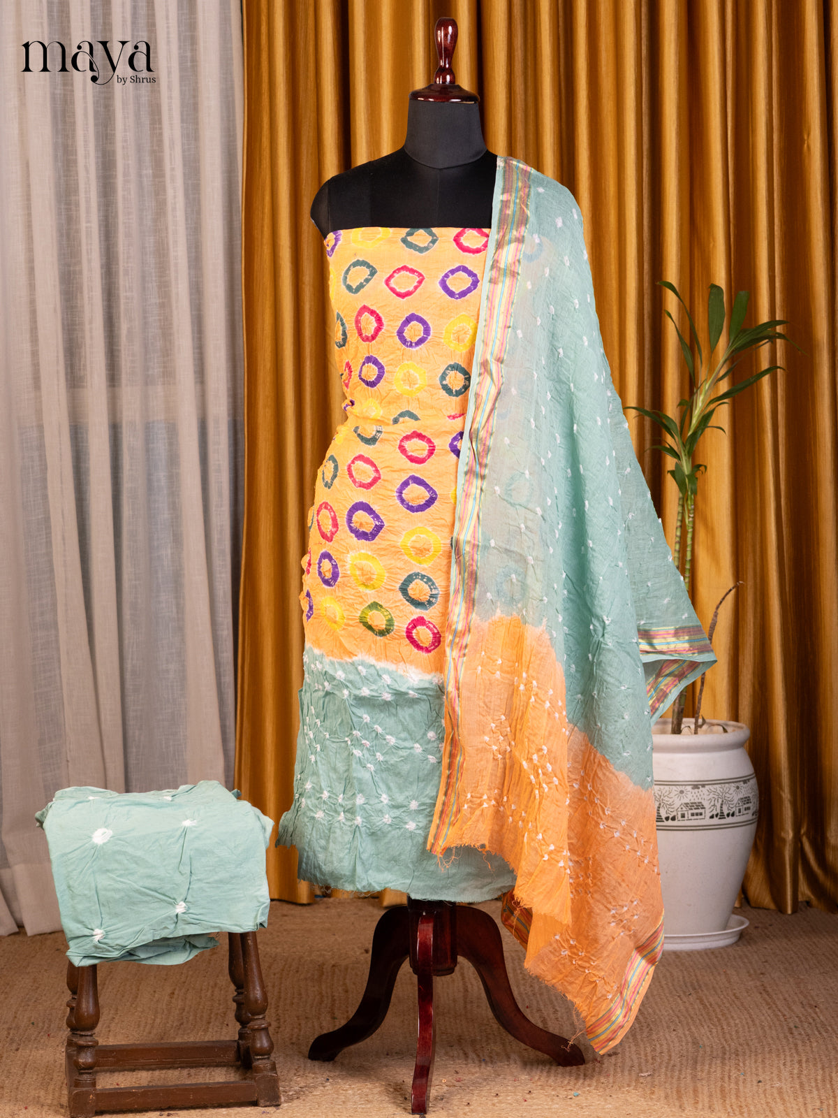 Orange with Blue - Bandhini salwar Unstitch