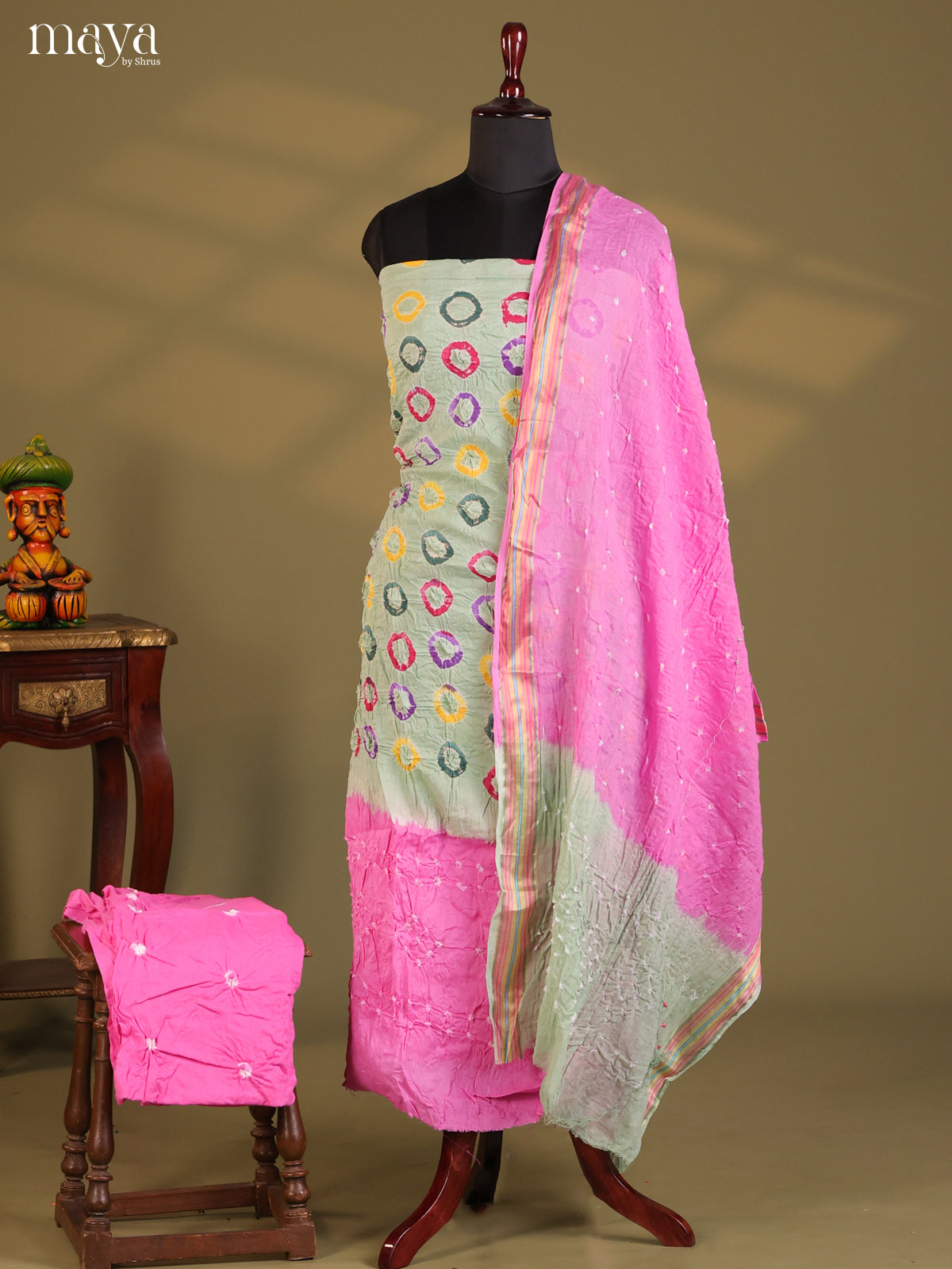 Pastel Green & Pink - Bandhini salwar Unstitch